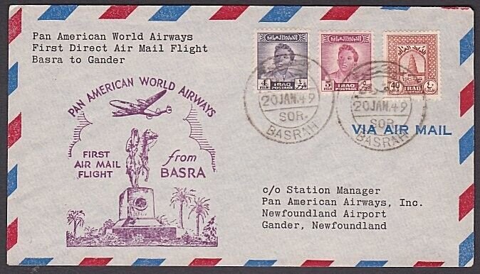 IRAQ 1949 PanAm first flight cover Basra to Newfoundland...................A2640