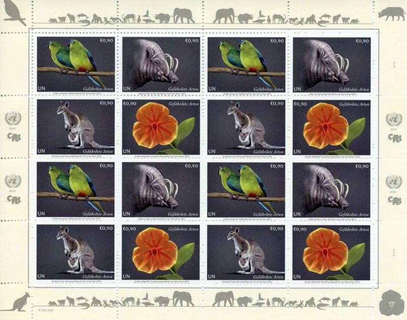 Vienna United Nations UN Stamps 2021 MNH Endangered Species Parrots 16v M/S