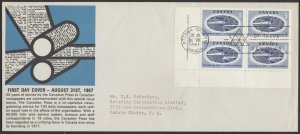 1967 #473 Canadian Press FDC Plate Block Schering Cachet Ottawa