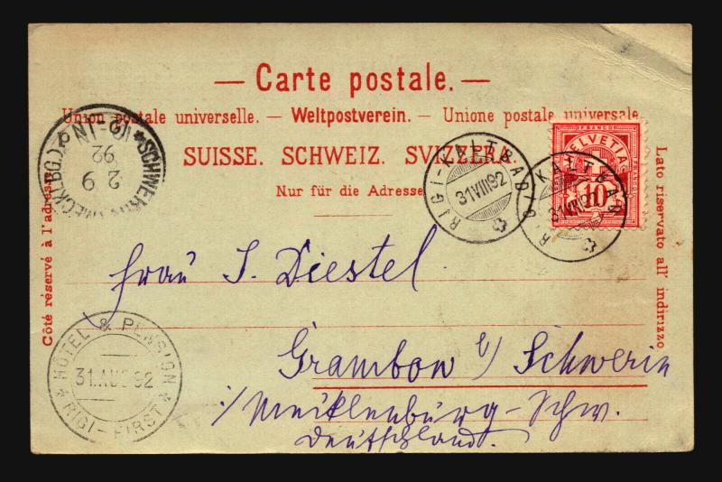 Switzerland 1892 UPU Card / Hotel Pension RIGI First CDS / Corner Crease -Z14781