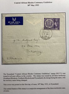 1953 Nyasaland First day Cover FDC To Rhodesia Centenary Exhibition