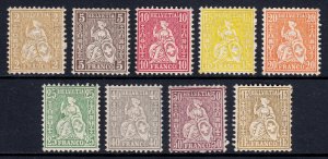 SWITZERLAND — SCOTT 60-68 —  1881 HELVETIA SET GRANITE PAPER — MNH — SCV $66+