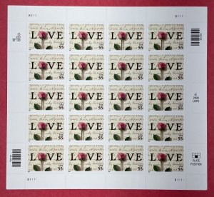 Scott 3499 LOVE SINGLE ROSE Pane of 20 US 55¢ Stamps MNH 2001