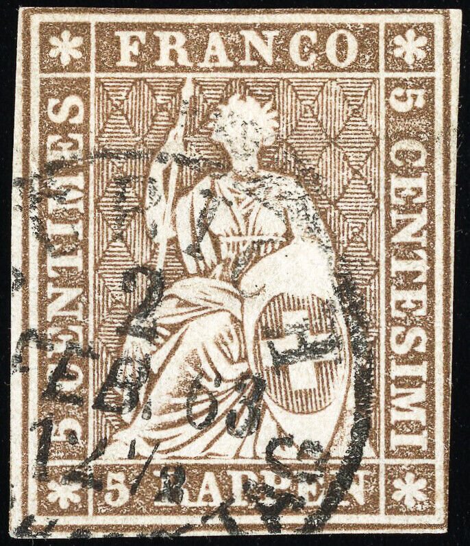 Switzerland Stamps # 32 Used VF 4 Margins Scott Value $1,100.00