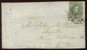 Confederate States 1 on Cover Front Richmond to King William County VA LV4426