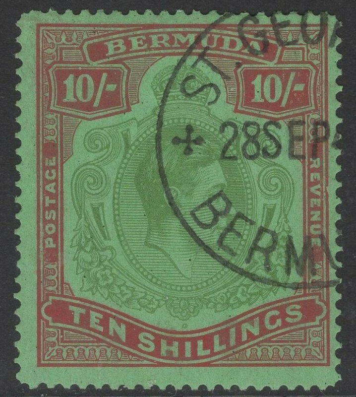 BERMUDA SG119b 1942 10/= YELLOW-GREEN & CARMINE/GREEN p14¼ LINE FINE USED