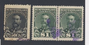 3x Newfoundland Revenue Stamps; NFR24-50c, NFR25-Pair $1.00 Guide = $65.00