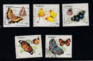 Zimbabwe # 670-671, 673-675, Butterflies, Used, 1/3 Cat.