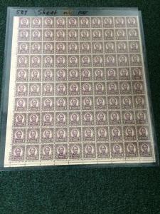 U.S. 584 3cent Lincoln Perf 10 Sheet Of 100 MNH. Very Scarce.