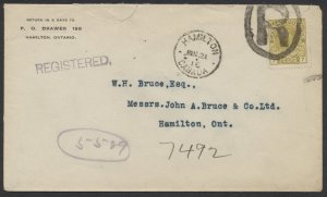 1916 Hamilton ONT Local Registered Rate Cover #113 7c Admiral