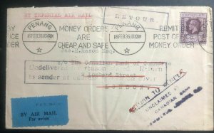 1935 Penang Straits Settlements Airmail Return To Sender cover to England