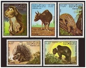 Laos 645-649, MNH. Mi 846-850. Animals 1985. Macaca mulatta, Bos sauveli,Hystrix