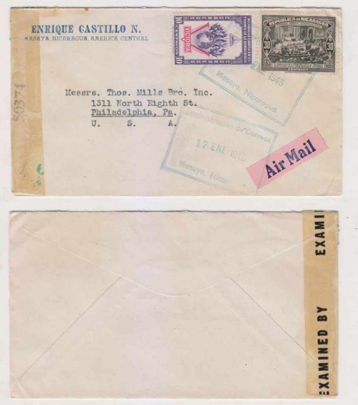 NICARAGUA 1945 Sc 689 & C247 ON CENSOR COVER MASAYA TO PHILADELPHIA VF