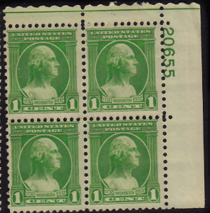 United States #705 Washington Bicentennial block of 4, MNH, LL vertical perf sep