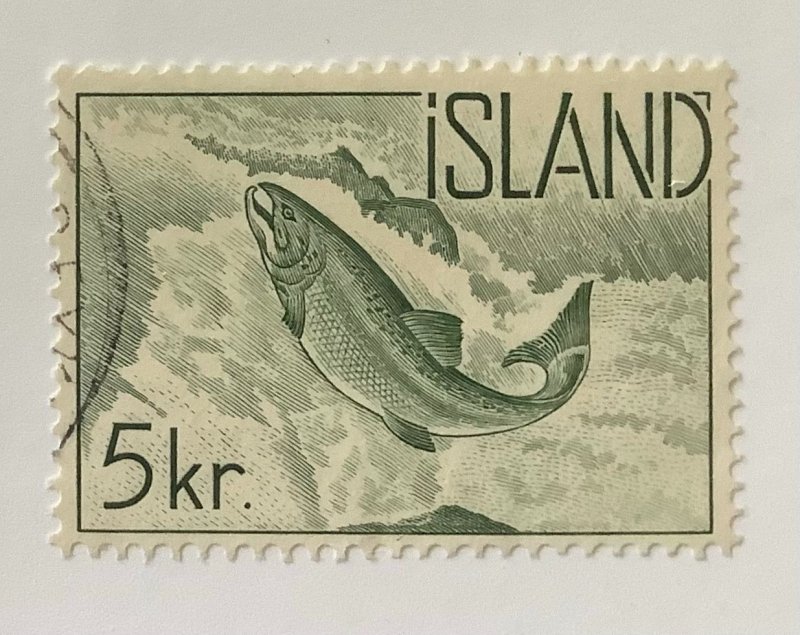 Iceland 1959 Scott 322 used  - 5kr,  Atlantic Salmon