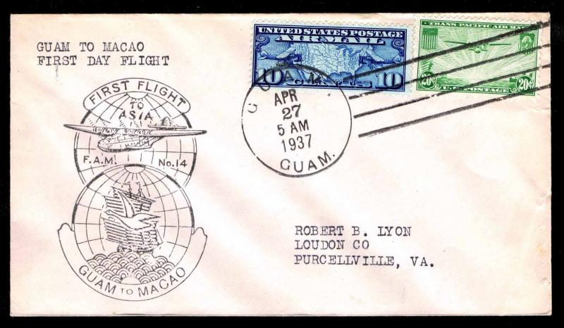 1937 FAM 14-12a FIRST FLIGHT GUAM TO MACAO - U.S. #C7 & C21 FRANKING (ESP#4526)