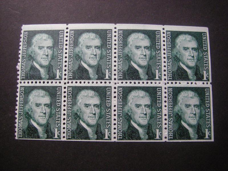 Scott 1278a, 1c Jefferson, pane of 8, Shiny gum, MNH Booklet Beauty