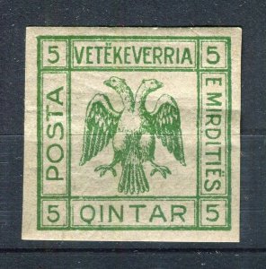 ALBANIA; 1913 Double Headed Eagle Imperf local Tax issue Mint hinged 5q.