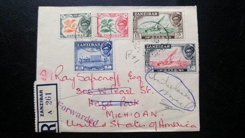 VERY RARE ZANZIBAR 1958 REGISTERED COVER “FORWARDED” WITH OUT ADDITIONAL POSTAGE