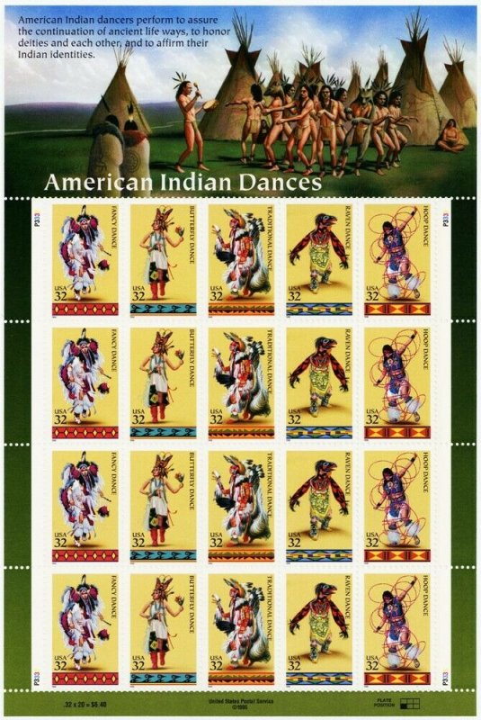 American Indian Dances Sheet of Twenty 32 Cent Postage Stamps Scott 3076a