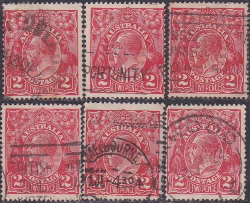 Australia 1914 KGV 2p red Sc#28 x 6 used