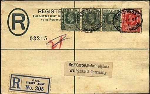 SIERRA LEONE 1910 EVII 2d Registered envelope uprated used to Germany......19369