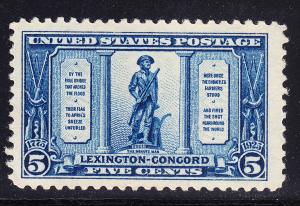 1925 Scott No. 619 Lexington-Concord Hi Val. 5c blue Minuteman VF/NH(**)