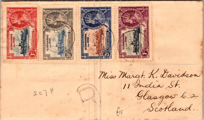 1935 St Kitts St Christopher Stamps Registered mail Cover To Glasgow Scotland