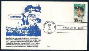 UNITED STATES FDC 25¢ Lou Gehrig 1989 LRC