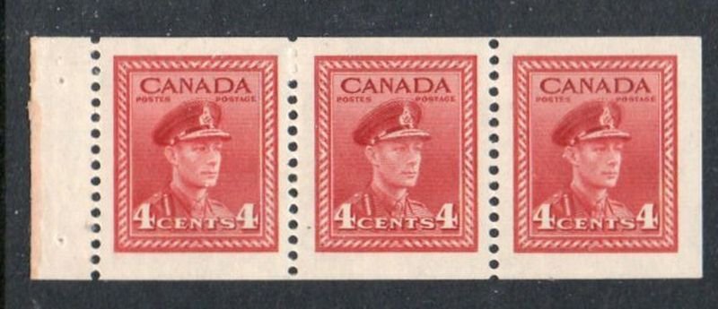 Canada Sc 254b  1943 4 c  dark carmine   G VI booklet pane of 3 mint