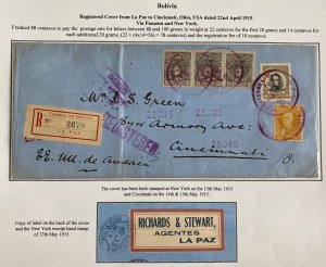 1915 La Paz Bolivia Registered Cover To Cincinnati OH USA Via Panama Wax Seal