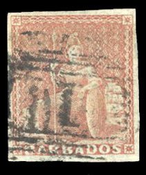 Barbados #4 Cat$325, 1855 4p red brown, used, faint thin