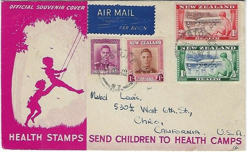 NEW ZEALAND TO CALIFORNIA HEALTH STAMPS 1948 COVER - Q11