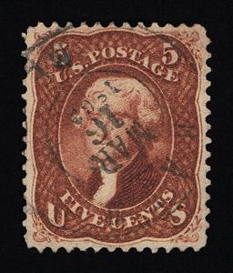 EXCEPTIONAL SCOTT #75 VF USED 1862 5¢ RED BROWN PSE CERT MARCH 16 1862 CANCEL