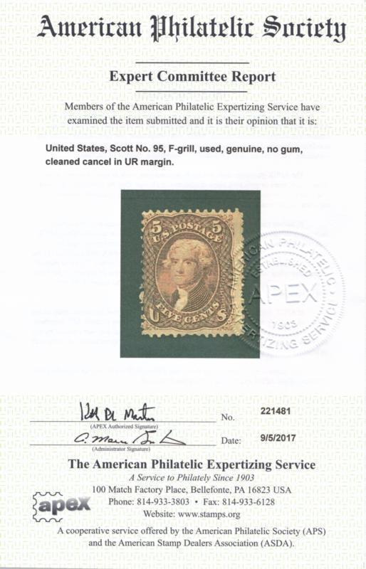 UNITED STATES 95 USED, GENUINE, CLEANED CANCEL, CERTIF.