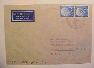 GERMAN  #187 PAIR on COVER cat.$100E($110.00) 7-1-1954 TO USA