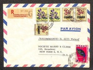 CONGO 337 (x3) & 436+ STAMPS LEOPOLDVILLE MARKS & CLERK NY REGISTERED COVER 1955