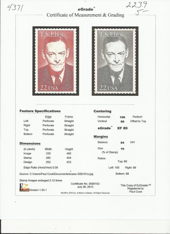 # 2239 MINT NEVER HINGED T.S.ELIOT XF+