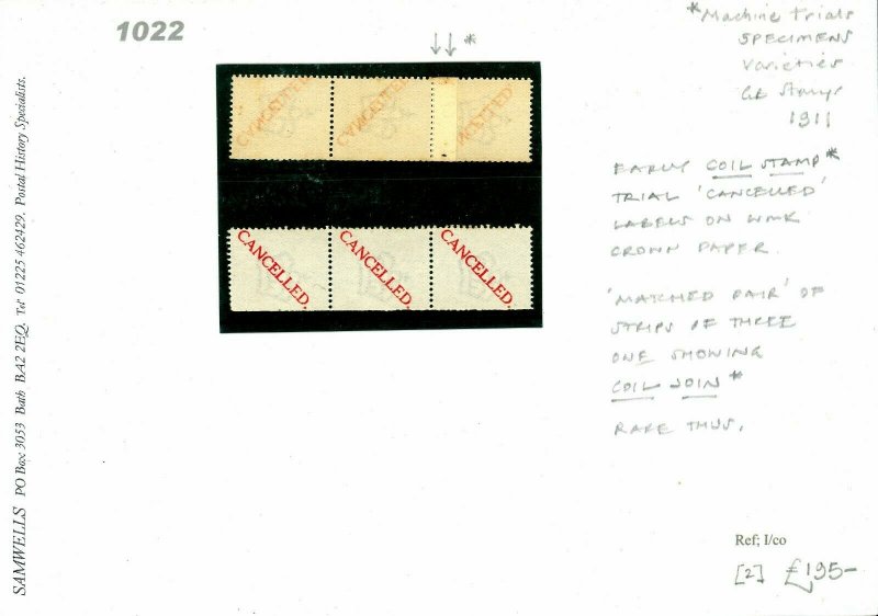 GB SPECIMEN 1911 Machine Trial COIL-JOIN STAMP *CANCELLED* Strips of 3 {2} 1022