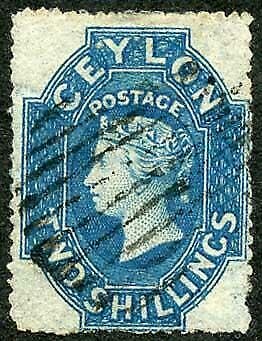 Ceylon SG37 2/- dull blue wmk Star Rough Perf 14 to 15.5 Cat 160 pounds