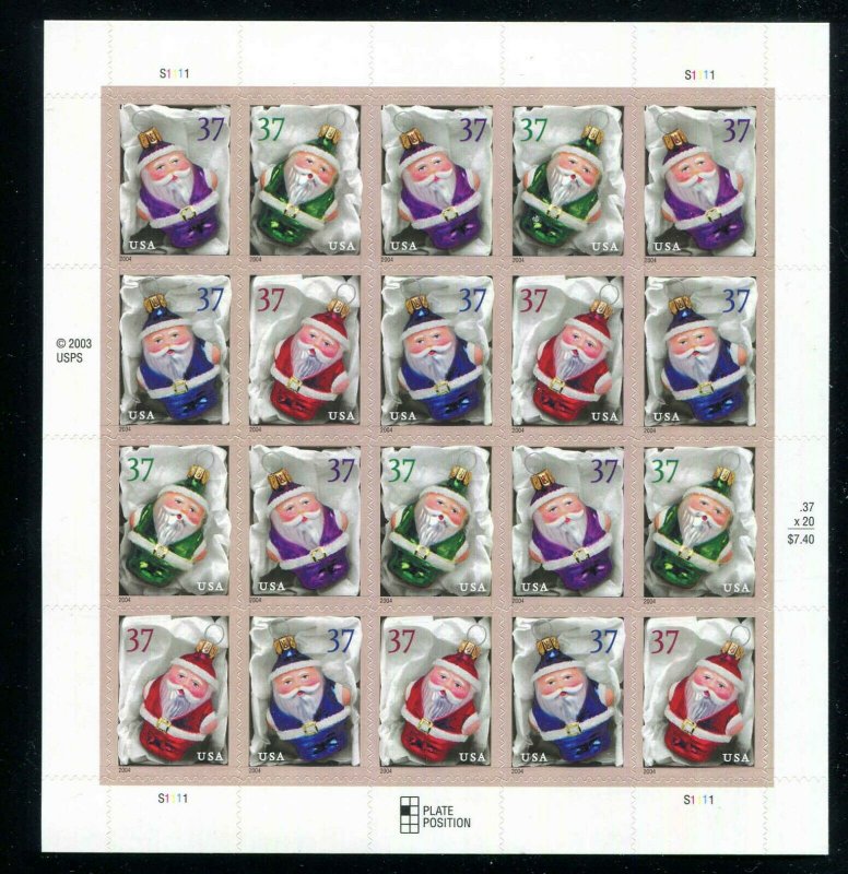 HOLIDAY ORNAMENTS STAMP SHEET  3883 - 3886 37¢ Christmas Holiday