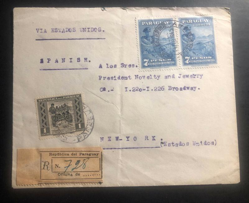 1945 Asuncion Paraguay Registered Commercial Cover To New York USA