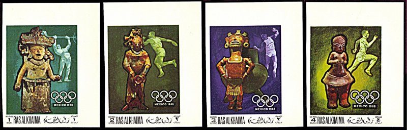 Ras al Khaima C17-C20, MNH imperf., Mexico Olympics, Pre-Columbian Art