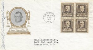 1940 FDC, #868, 10c James Whitcomb Riley, Ioor, block of 4