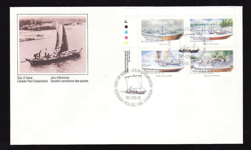 Canada-Sc#1269a-stamps on FDC-UL plate block-Small Craft-Work Boats-1990-