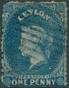 Ceylon 1863 SG45x 1d blue QV crown CC wmk rev FU (amd)