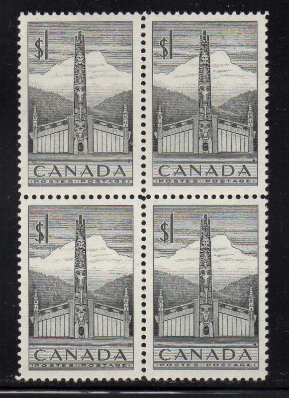 Canada Sc 321 1953 $1 Totem Pole stamp block of 4 mint NH