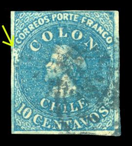 CHILE 1857 COLUMBUS 10c deep blue - plate flaw  Sc# 10a used WMK. FB10-2 F-XF