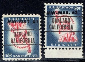 1954 8c Liberty w/ Precancel f/OAKLAND CA(1042-263). 2 Nice Small Town stamps!