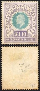 Natal SG143 One pound and 10/- Green and Violet Fiscal Cancel